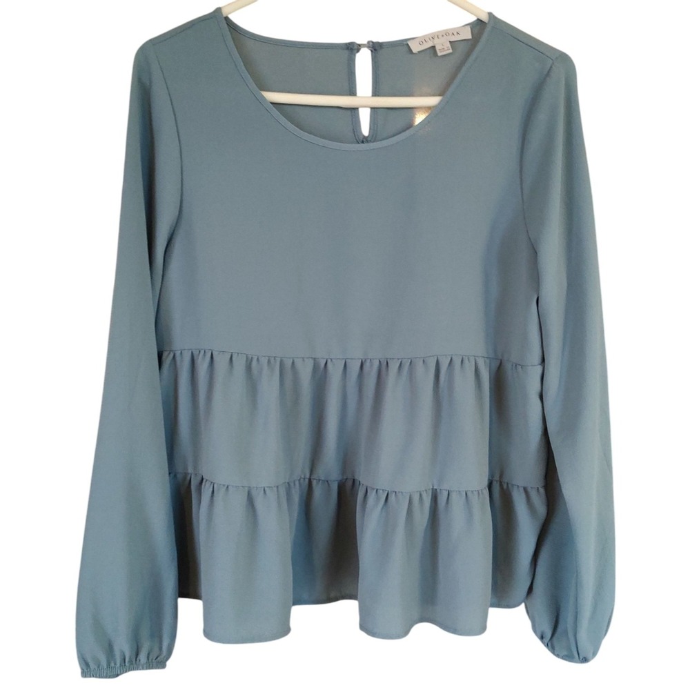 Olive and Oak Ruffled Blouse Blue Green Boho Long Sleeve Womens Size Large